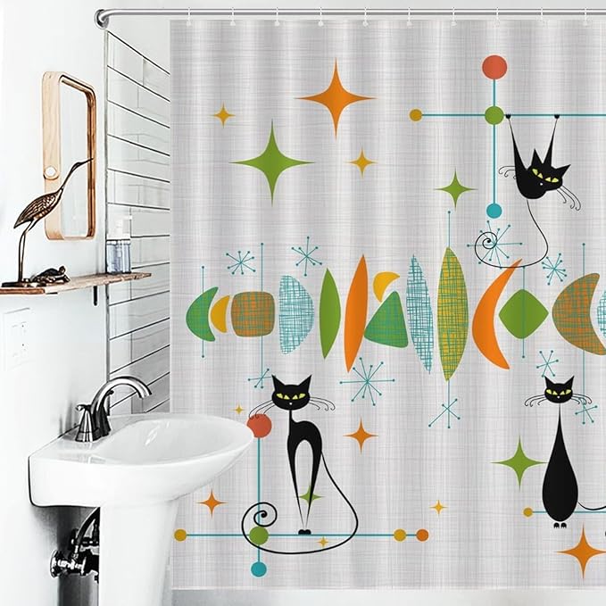 Mid Century Modern Shower Curtain, Retro Geometric Atomic Abstract Black Cat Pattern Middle Century 1950s 1960s Colorful Waterproof Fabric Bathroom Shower Curtain Set with Hooks, 72"x78" Inch
