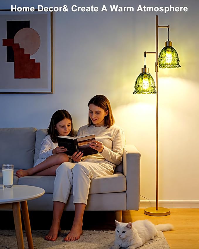 2-Light Modern Glass Floor Lamp, Gold Tall Standing Lamp with Green Lace Glass Shade for Reading, Dimmable LED Floor Lamp with 5Lbs Heavy Base for Living Room Bedroom Home Decor, Bulb Included