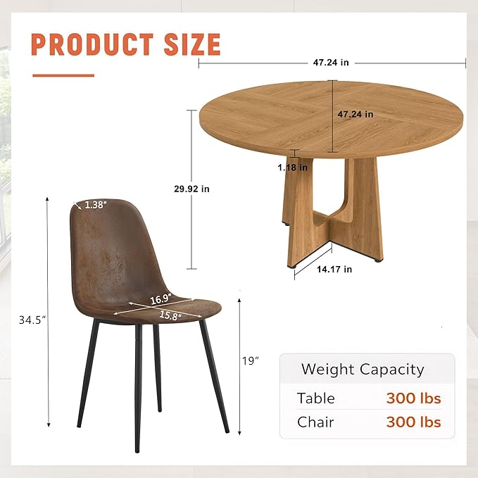 47" Round Dining Table Set for 6, Wood Grain Table and 6 Brown Suede Upholstered Chairs Set, Modern Kitchen Table Set with Cross Legs