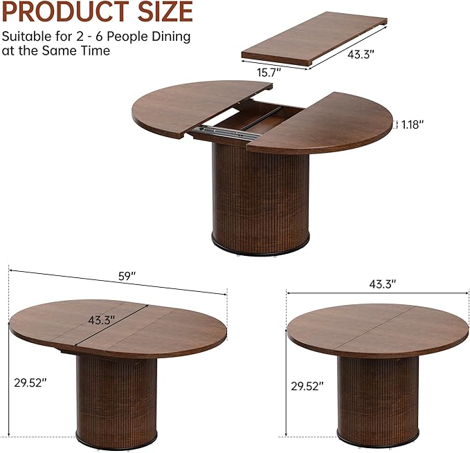 Extendable Round Dining Table for 4-8, 43in-59in Modern Wood Dining Room Table with Removable Leaves, Extendable Dinner Tables w/Heavy Duty Base for Kitchen|Living Room|Small Space, Walnut