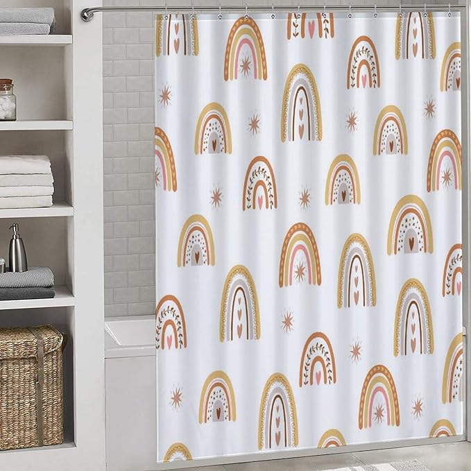 Rainbow Shower Curtain, Boho Pastel Cute Cartoon Aesthetic Bohemian Art Printed Beige for Kids Girls Baby Waterproof Fabric Bathroom Shower Curtain Set with Hooks, 72"x72" Inch