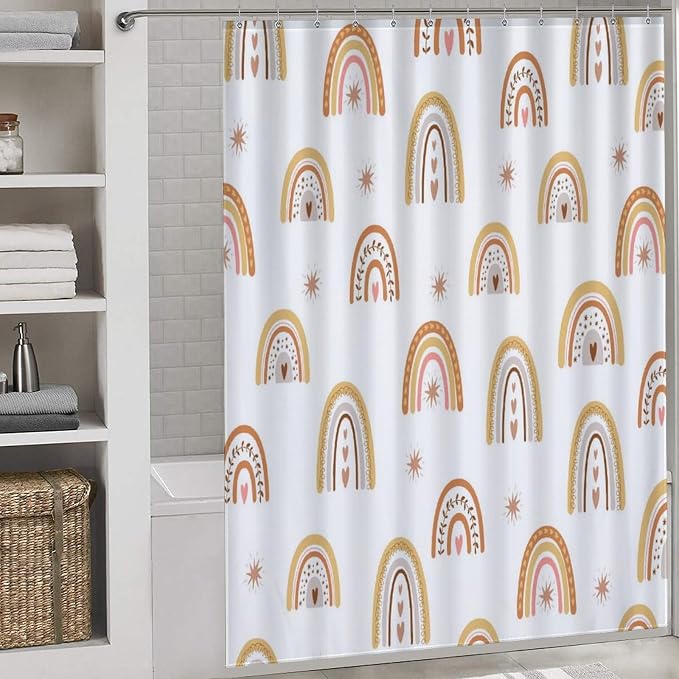 Rainbow Shower Curtain, Boho Pastel Cute Cartoon Aesthetic Bohemian Art Printed Beige for Kids Girls Baby Waterproof Fabric Bathroom Shower Curtain Set with Hooks, 72"x72" Inch