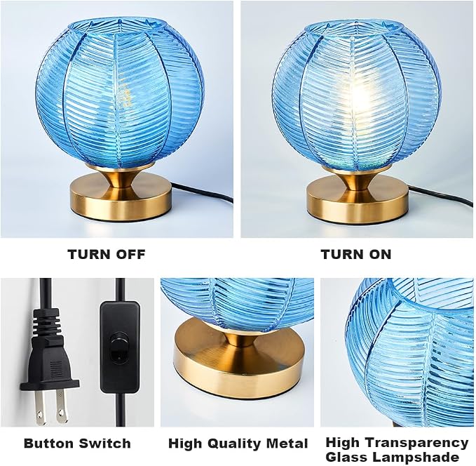 Mid-Century Modern Glass Table Lamp 3 Brightness Levels Dimmable Touch Control Desk Lights with Plug in Cord On/Off Switch, Globe Decor Nightstand Lamps for Bedroom Living Room Office (Blue)