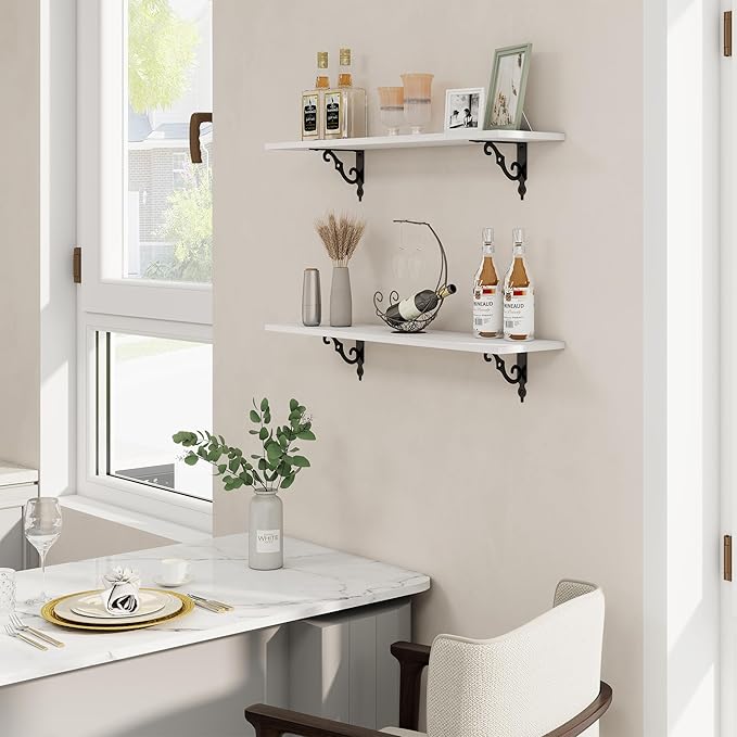 RICHFOCUS Floating Shelves for Wall Decor, 31.5W x 8D Shelves Set of 2, 8" Deep Rustic Wood Floating Shelves Wall Mounted with Metal Brackets, Shelves for Living Room Bedroom Kitchen, White