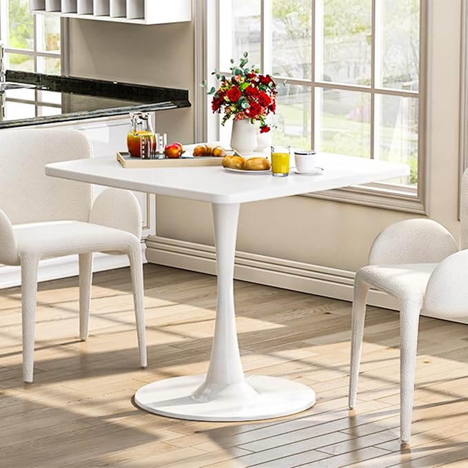 DKLGG White Tulip Table for 2, Small Dining Table with Pedestal Base, 32 Inch Leisure Design Square Kitchen Table for Dining Room Small Space