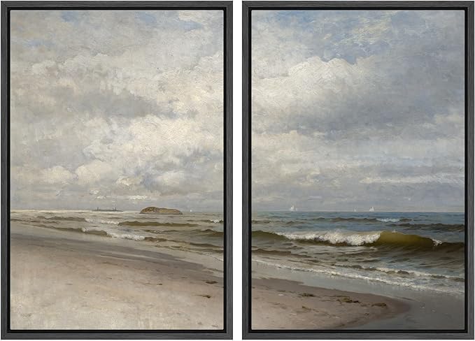 IDEA4WALL Framed Canvas Print Wall Art Set Coastal Beach Scene Classic Ocean View Illustrations Modern Art Decorative Coastal Cottage Seascape for Bedroom - 24"x36"x2 BLACK