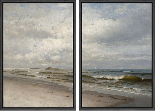 IDEA4WALL Framed Canvas Print Wall Art Set Coastal Beach Scene Classic Ocean View Illustrations Modern Art Decorative Coastal Cottage Seascape for Bedroom - 24"x36"x2 BLACK