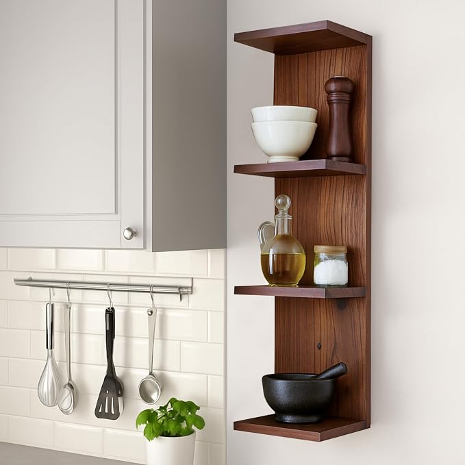 4 Tier Wall Shelf Unit,Vertical Column Floating Storage Home Decor Organizer,Walnut Lack Wall Shelf for Bedroom,Living Room,Office Decor(1 Pack)