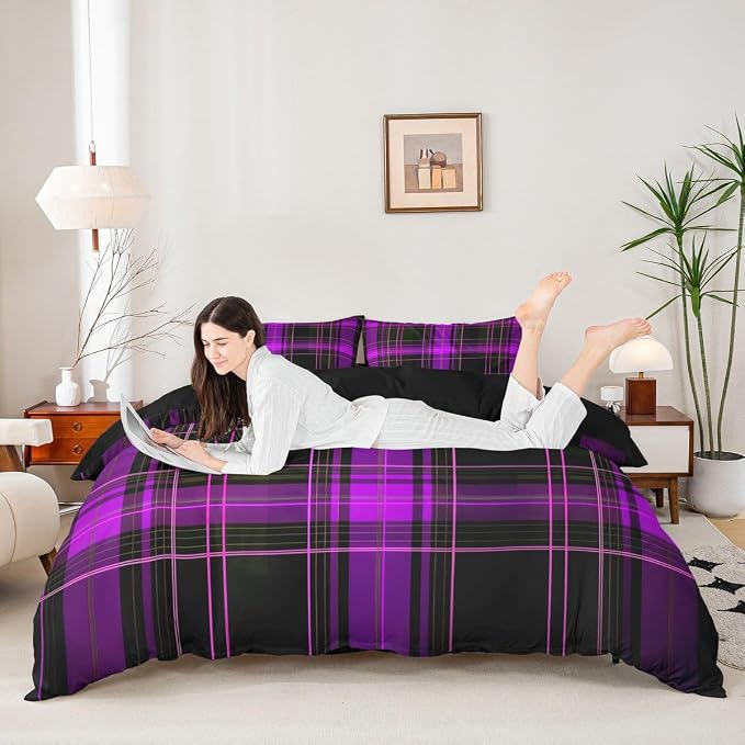 Erosebridal Geometric Plaid Grid Duvet Cover Full Modern Checkered Tartan Bedding Set for Kids Teens Vintage Purple Black Comforter Cover Farmhouse Cabin Decor Bed Set, 2 Pillowcases