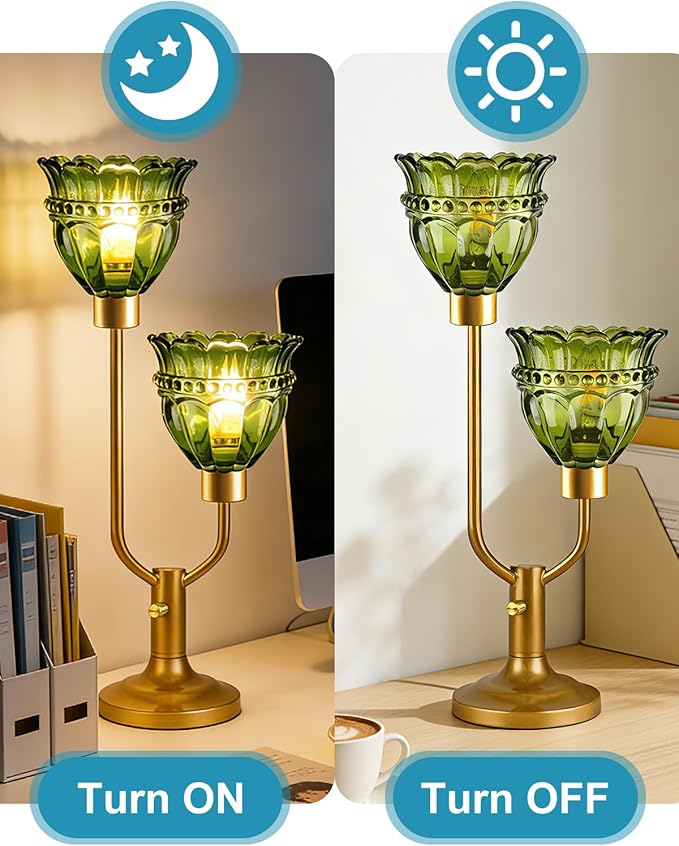 Lightdot Vintage Green Glass Table Lamp for Bedroom Dimmable Mid Century Modern Gold Desk Lamp Nightstand Lamp 2 Bulbs Included Warmwhite Ambient Bedside Lamps for Living Room Home Office Decor Gift
