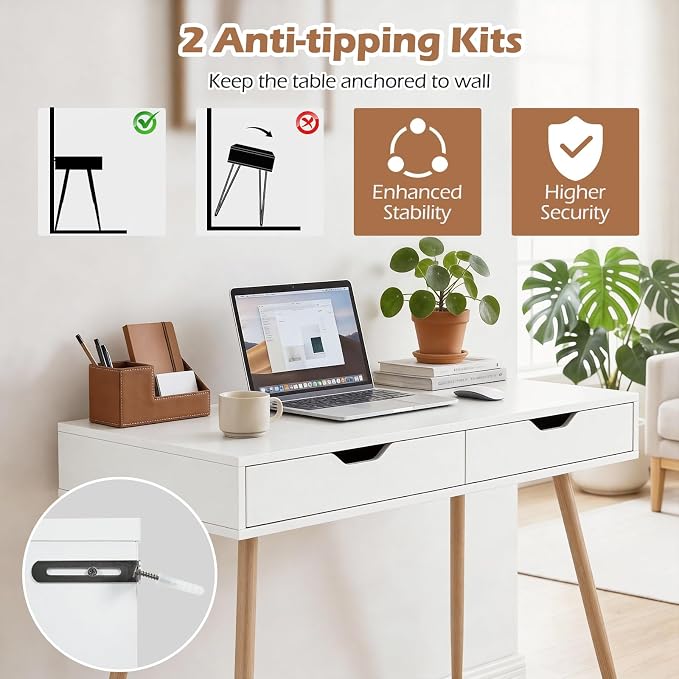Tangkula White Writing Desk w/2 Storage Drawers, Modern Computer Desk with 4 Rubber Wood Legs, Versatile Small Study Desk for Home Office School, Vanity Table for Bedroom