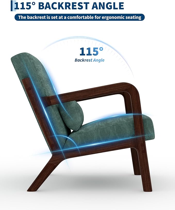 Garvee Mid-Century Chenille Accent Chair Set of 2, Cozy Reading Chair, Modern Lounge Armchair with Lumbar Pillow, Sturdy Wood Frame, for Living Room, Bedroom, Office, Green