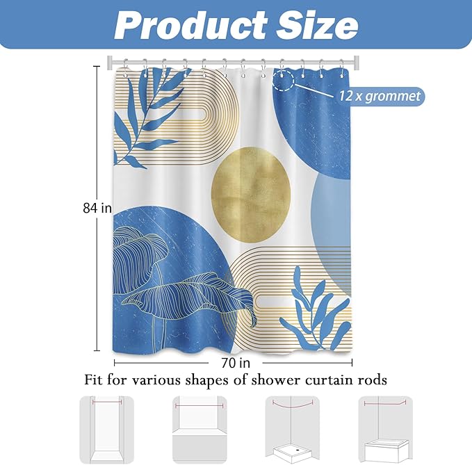 Light Blue and Gold Shower Curtain Boho Blue and White Shower Curtains for Bathroom Decor Mid Century Modern Bath Curtain Set, Waterproof Fabric with Hooks 70 x 84 Inch