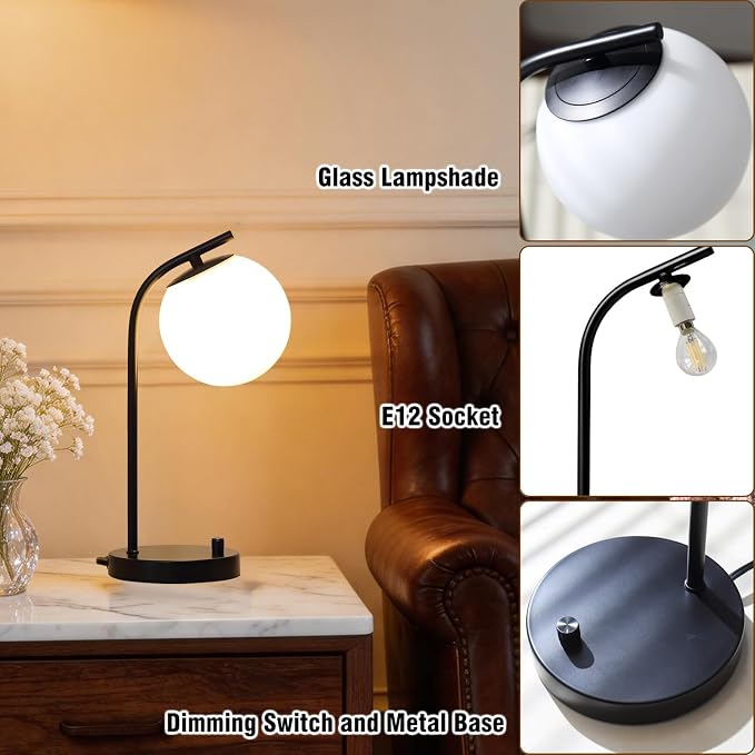 Black Globe Dimmable Table Lamp Minimalist Nightstand Lamps Mid Century Modern Desk Lamp with Milk White Glass Shade Metal Base for Dorm, Living Room Bedroom, Office,Kids Room (Tall-Black)