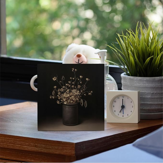 Moody Rustic Floral Wooden Box Sign Desk Decor, Dark Academia Cottagecore Flower Botanical Wood Signs for Home Living Room Office Desk Table Shelf Decorations, 5x5 Inch