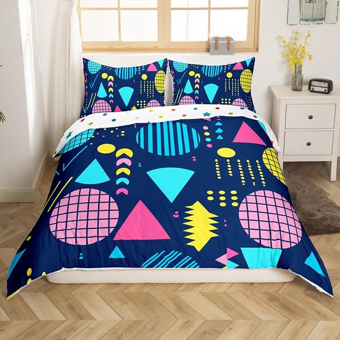80s Bedding Set Memphis Pattern Old Fashion Comforter Cover,Vintage 90s Memphis Style Duvet Cover Abstract Geometric Pattern Retro Bed Set Full,Rainbow Urban Modern Circles Triangle Room Decor