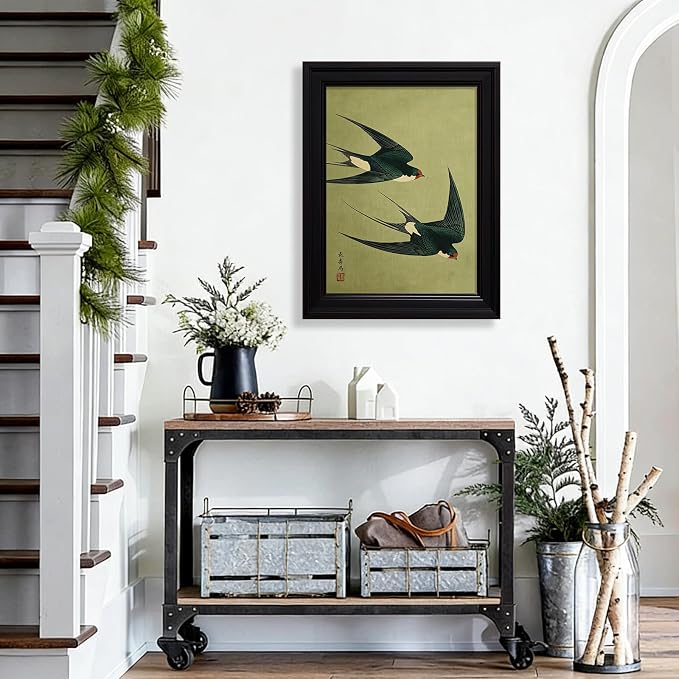Vintage Framed Japanese Flying Swallow Wall Art Asian Japandi Bird Animal Poster Nature Vintage Green Canvas Prints for Living Room Bedroom Home Decor 12x16 inch