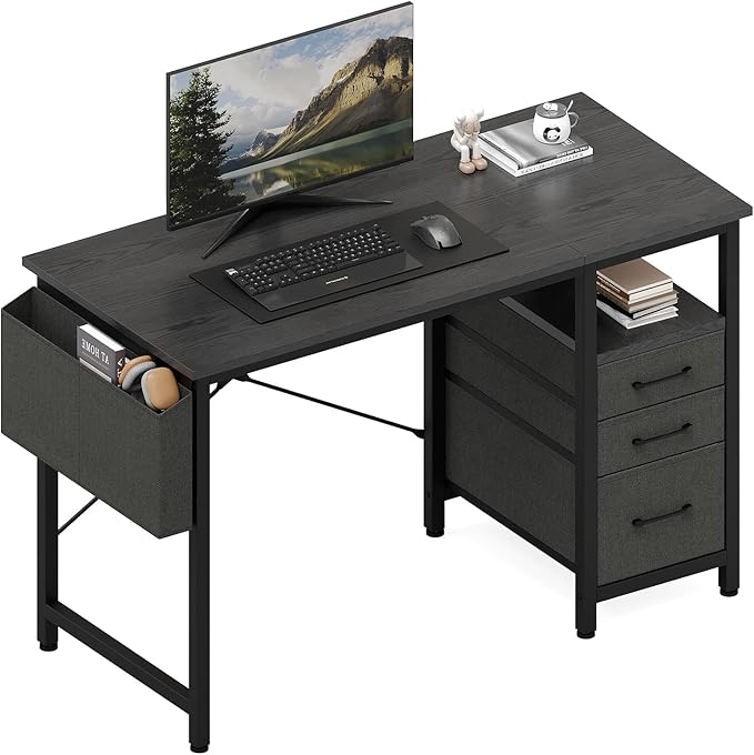 DUMOS 39" Computer Desk with Storage, Small Home Office Desk with 3 Fabric Drawers & Side Pocket, Space Saving Writing Desk for Apartment, Dorm, Gaming Workstation, Black
