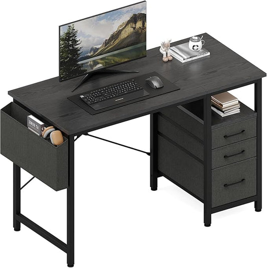 DUMOS 39" Computer Desk with Storage, Small Home Office Desk with 3 Fabric Drawers & Side Pocket, Space Saving Writing Desk for Apartment, Dorm, Gaming Workstation, Black