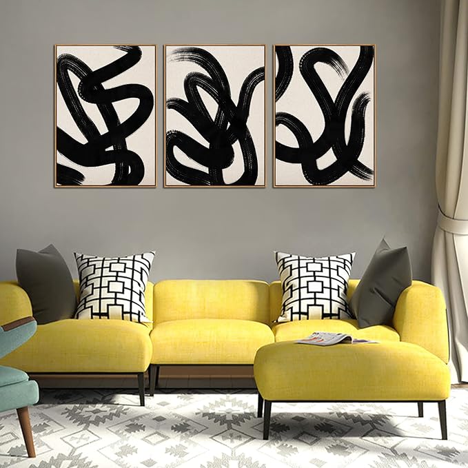 Framed Wall Art Canvas Set Abstract Lines Pictures Modern Mid Century Boho Wall Decor Minimalist Abstract Black Stroke Lines Canvas Painting Artwork Living Room Bedroom Home Office 20"x28"x3 Natural