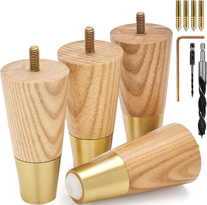 Premium Ash Wood Furniture Legs with Gold Caps (Full Install Kit) - Pick Your Size and Color