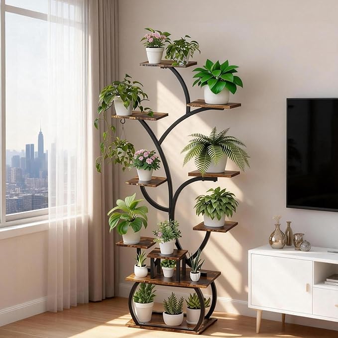 VINGLI Plant Stand Indoor with Grow Light, 61 Inch Tall Lighted Plant Shelf Indoor with 5 LED Light Strips, 10-Tiered Plant Stand for Indoor Growing, Tree-Shaped Large Metal Flower Shelves, Modern Decorative Plant Rack for Living Room, Balcony, Black