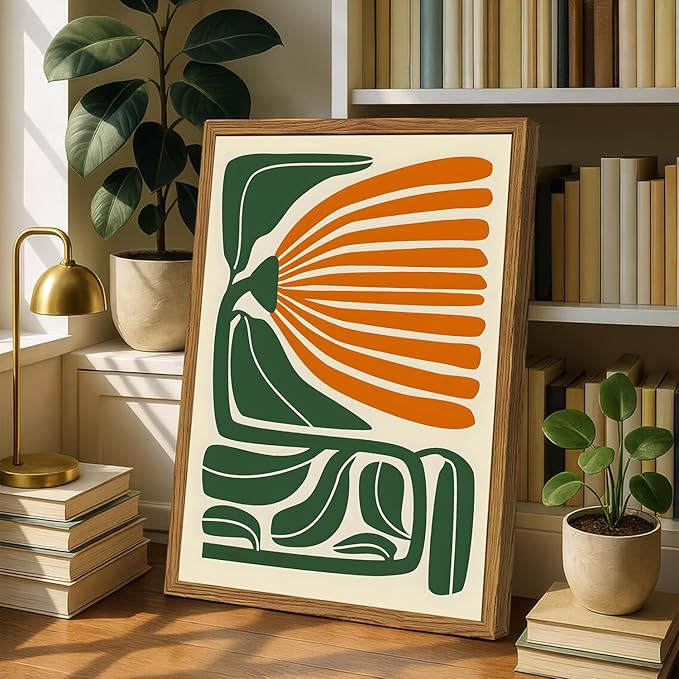 Framed Boho Floral Wall Art, Mid Century Modern Flower Canvas Wall Decor Pictures, Green and Orange Abstract Botanical Paintings Poster Prints Eclectic Home Decor for Living Room Bedroom 16x24 inch