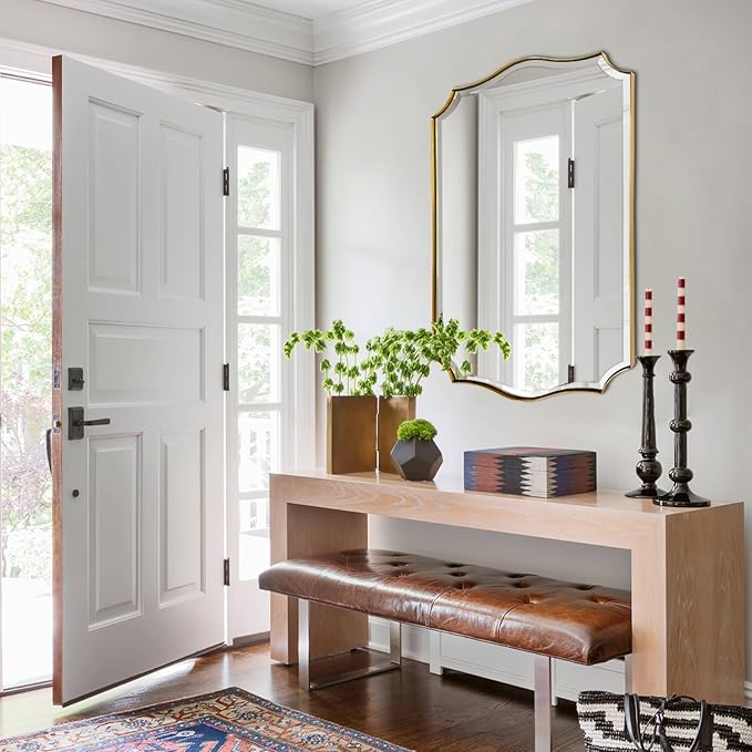 POZINO Brushed Modern Bathroom Mirror, 24"x36" Gold Scalloped Beveled Mirror for Wall, Brass Rectangle Wavy Vanity Mirrors, Irregular Shaped Mirror for Living Room Bedroom Fireplace Entryway