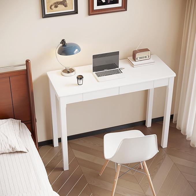 Solid Wood Desk with Drawers - 39" Narrow Desks for Small Spaces, Mid Century Modern Desks, Small Wooden Vintage Computer Writing Desk, Study Table for Home Office Bedroom, White