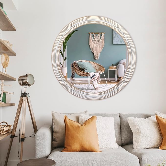 Reflinto 30 Inch Wood Framed Boho Round Mirror for Bathroom, Rustic Farmhouse Decorative Wall Mirrors for Over Sink, Living Room, Foyer, Entryway, Hallway