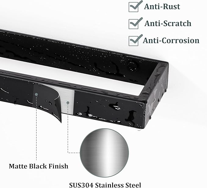 Sayayo Matte Black Towel Bar for Bathroom Wall, 10 Inch Hand Towel Holder, Screw or Self Adhesive Towel Ring Square SUS304 Stainless Steel, 3.2 Inch Wider Design
