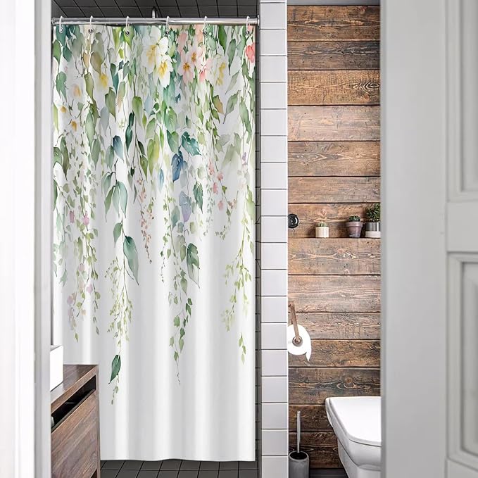 Sage Green Eucalyptus Shower Curtain Watercolor Botanical Floral Leaves Shower Curtain Set Spring Nature Bathroom Decor with 10 Hooks,54x78 Inches