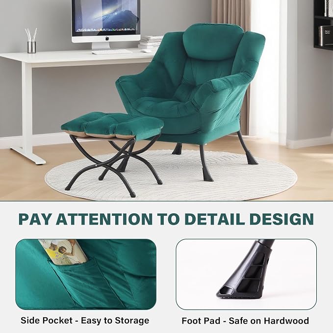 Tiita Lazy Chair with Ottoman, Green Modern Large Accent Chair, Comfy Leisure Sofa Armchair with Ottoman, Reading Chair with Footrest for Bedroom, Living Room, Dorm Rooms, Velvet Green