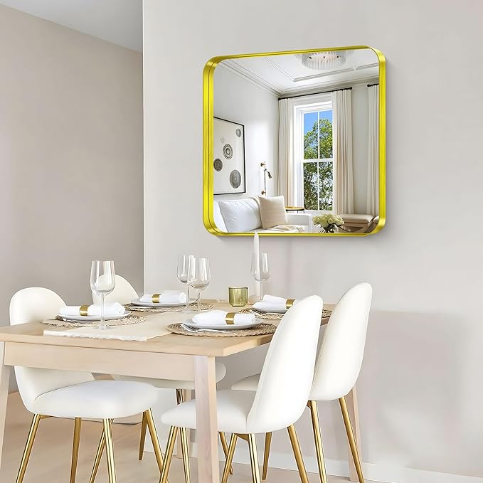 CIRCUMI Gold Bathroom Mirror, 30"x30" Rectangular Mirror with Deep Metal Frame, Rounded Corner, Tempered Glass, Square Mirror for Wall, Oversink, Bedroom, Living Room, Vanity, Entryway, Crystal-Clear
