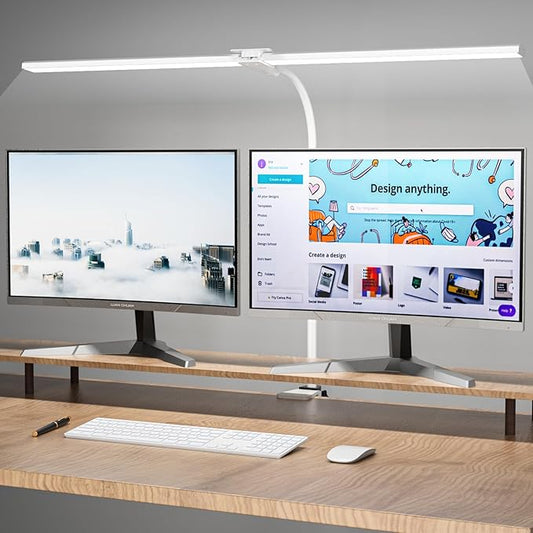 LED Desk Lamp, 31.5'' Wide Double Head Desk Lamps for Home Office, Dimmable 25 Lighting Modes 16W 1800lm Bright Task Lighting, Eye Caring Architect Table Lamp for Workbench Monitor Study, White