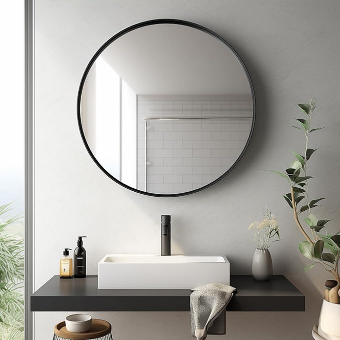 Sunniry Circle Mirror 26 inch, Black Round Mirror, Round Bathroom Mirrors Matte Metal Frame, Circle Mirrors for Living Room, Bathroom, Wall, Hallway.