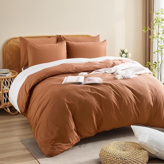 NEXHOME PRO Terracotta Burnt Orange Duvet Cover Set Kids Twin Size Linen Look Textured Organic Natural 100% Washed Cotton Duvet Cover 2 Pieces Bedding Set Caramel with Zipper Closure (No Comforter)