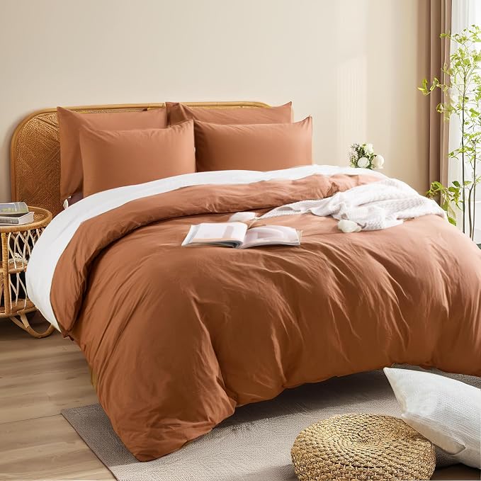 NEXHOME PRO Duvet Cover Set 100% Washed Cotton Oversized Queen 98"x98", Organic Natural Linen Look Textured 3 Pieces Bedding Set Terracotta Burnt Orange with Zipper Closure, Soft (No Comforter)