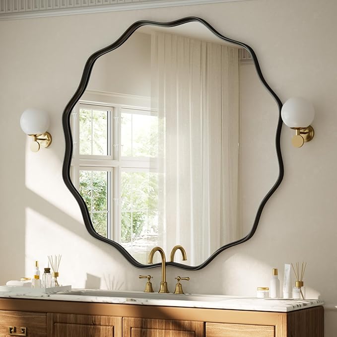 VooBang Black Scalloped Circle Mirror, 36" Wavy Edge Round Wall Mirror with Tempered Glass Textured Circular Metal Deep Frame, Hanging Leaning for Bathroom, Hallway, Entryway, Livng Room