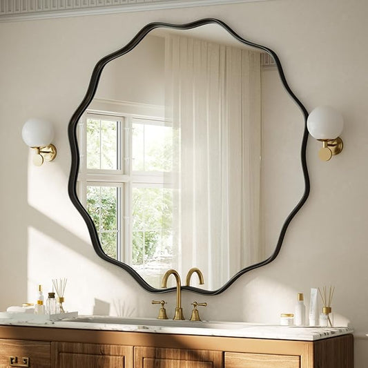 VooBang Black Scalloped Circle Mirror, 36" Wavy Edge Round Wall Mirror with Tempered Glass Textured Circular Metal Deep Frame, Hanging Leaning for Bathroom, Hallway, Entryway, Livng Room