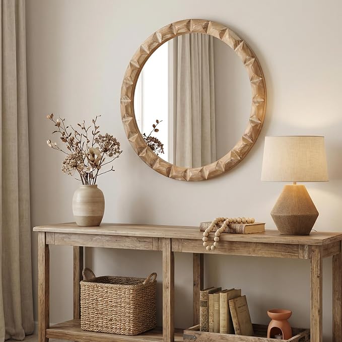 Solid Wood Wall Mirror, 24 Inch Round Hand-Carved Pine Wood Frame Circle for Wall Decor, Rustic Farmhouse Mirror for Bathroom, Living Room, Entryway, Natural Wood