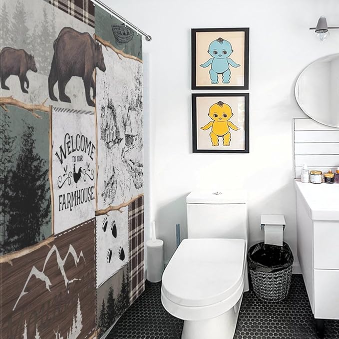 Rustic Cabin Vintage Bear Shower Curtain Country Lodge Deer Mountain Forest Farmhouse Waterproof Shower Curtains for Bathroom Decor 12 Pack Hooks 55x72in（140x183cm）