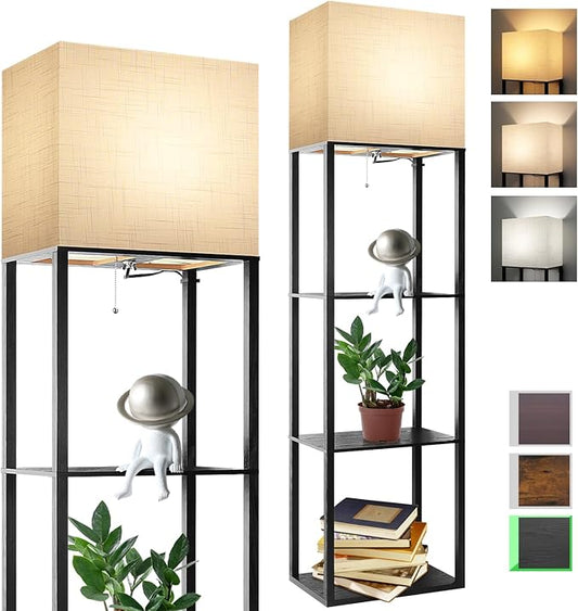 RUNTOP Plus Floor Lamp with Shelves, Shelf Lamp with 15W LED Bulb, 3 Colors, Memory Function, Wide Display Shelf for Collectibles Storge, Floor Lamps for Living Room, Standing Lamp for Bedroom