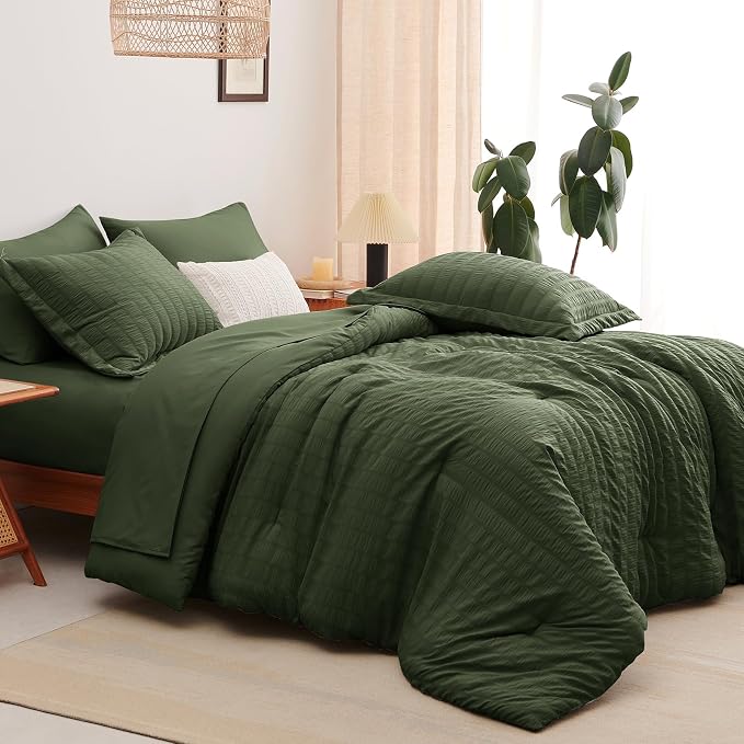 CozyLux Queen Comforter Set Olive Green, 7 Pieces Seersucker Textured Luxury Bed in a Bag Queen, All Seasons Soft Bedding Sets with Down Alternative Comforter, Sheets, Pillowcases & Shams, Home Gift