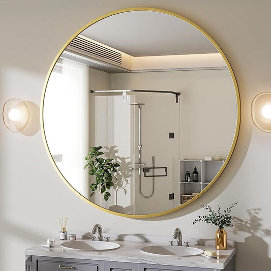 BEAUTYPEAK 48 Inch Round Mirror, Metal Frame Circle Mirror, Wall Mounted for Entryway, Bathroom, Vanity, Living Room, Gold