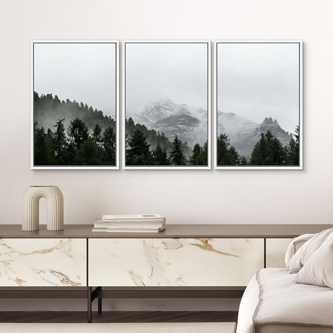 SIGNWIN 3 Piece Framed Canvas Wall Art Foggy Mountains Canvas Prints Home Artwork Decoration for Living Room,Bedroom - 24"x36"x3 White