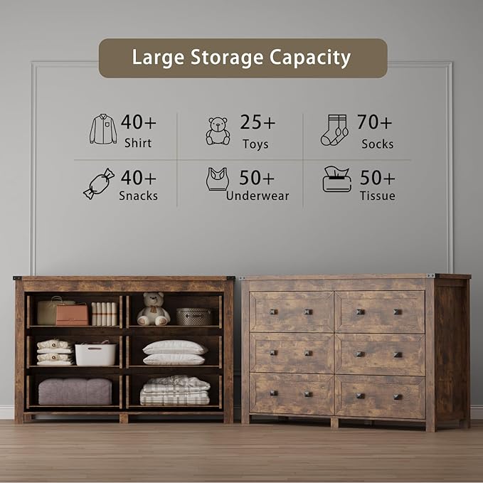 6 Drawer Dresser for Bedroom, Brown Modern Dressers & Chests of Drawers with Metal Handles, Closet Storage Dresser, Storage Cabinet and Organizer with Drawers