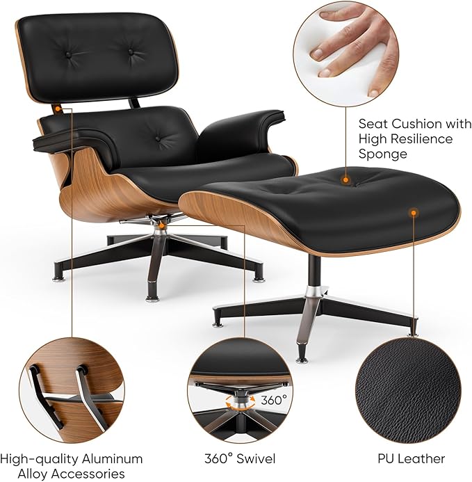 Top Black PU Leather, Mid Century Chaise Lounge Chair and Ottoman, Modern Chair Classic Design, Walnut Wood, Heavy Duty Base Support for Living Room Office