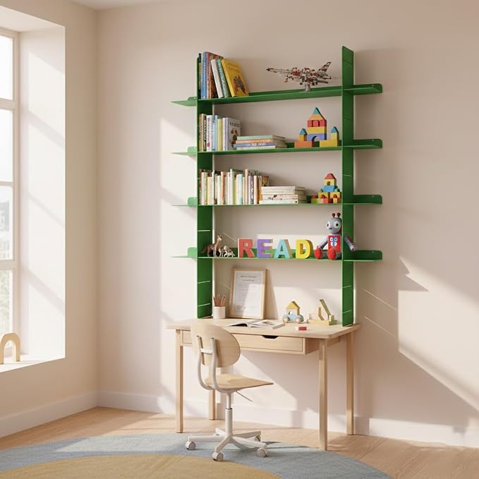 Metal Wall Mounted Floating Book Shelf, 4 Tier Storage Shelves, Easy Installation Display Shelf，Including 2 uprights+4 Shelves ，Storage Unit for Students, Housewives, and Collectors (Green)