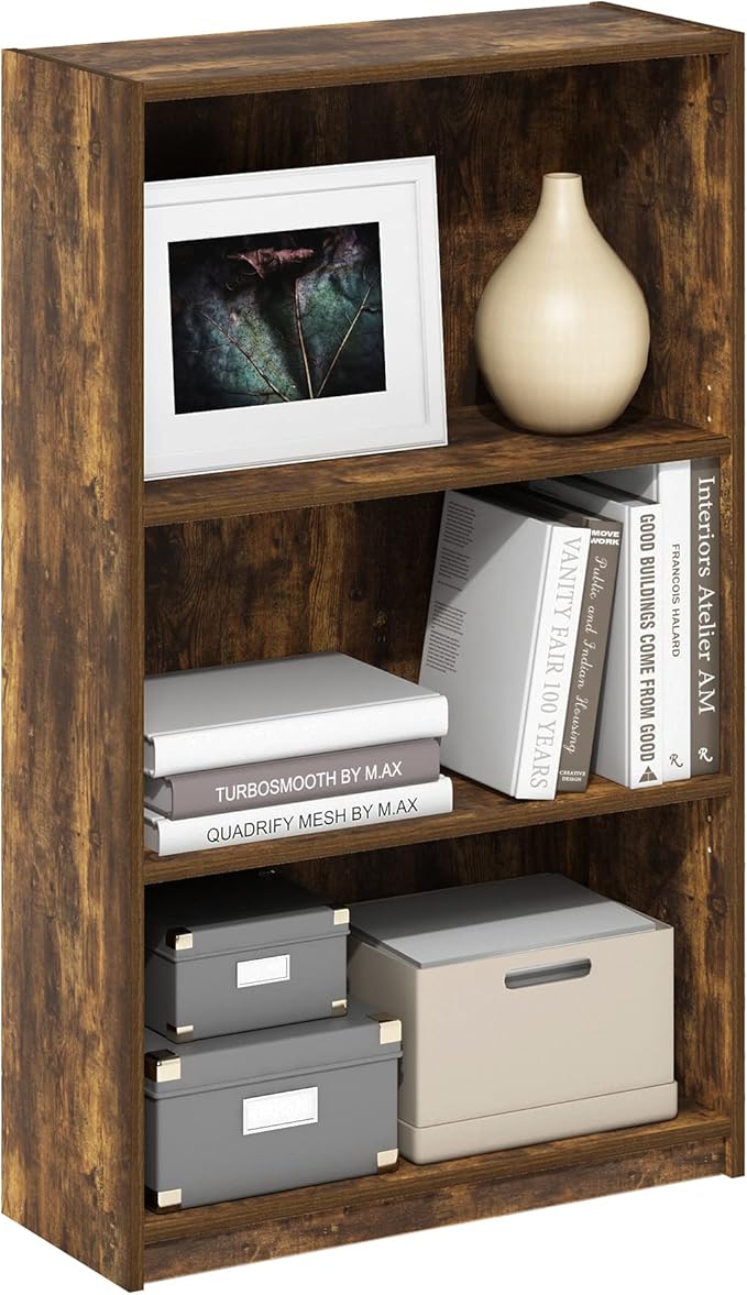 Furinno JAYA Book Shelf, 3-Tier Bookshelf, Bookcase with Adjustable Shelves, 9.5 x 24.5 x 40.3, for Organization and Storage, for Living Room, Bedroom, Home Office, Amber Pine